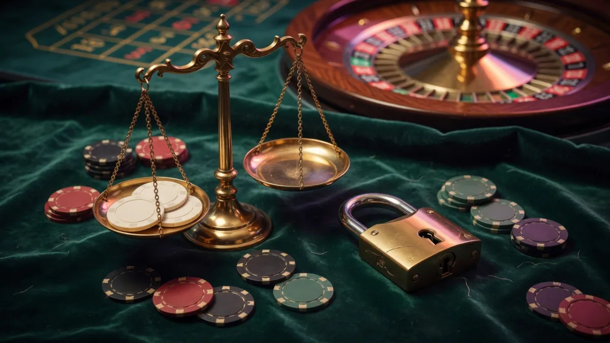 Gouden weegschaal, open hangslot en casinofiches op een speeltafel
